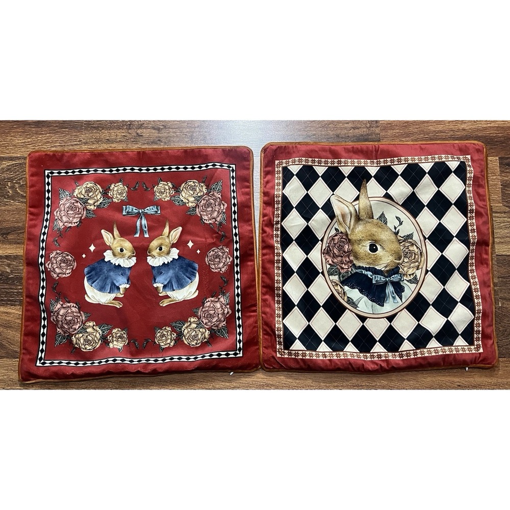 Pair Of Red Velvet Pillow Covers Rabbit On Black/White Diamond Pattern 17 X 17"